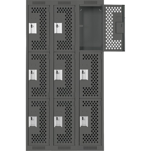 Clean Line Lockers, 3 -tier, Bank of 3, 36" x 12" x 72", Steel, Charcoal, Rivet (Assembled), Perforated Distribution Élite MP
