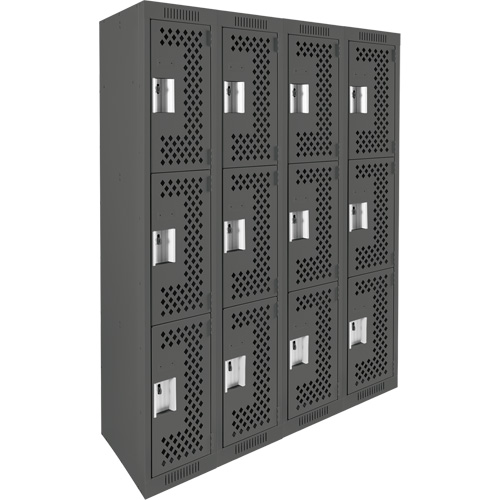 Clean Line Lockers, 3 -tier, Bank of 4, 48" x 12" x 72", Steel, Charcoal, Rivet (Assembled), Perforated Distribution Élite MP