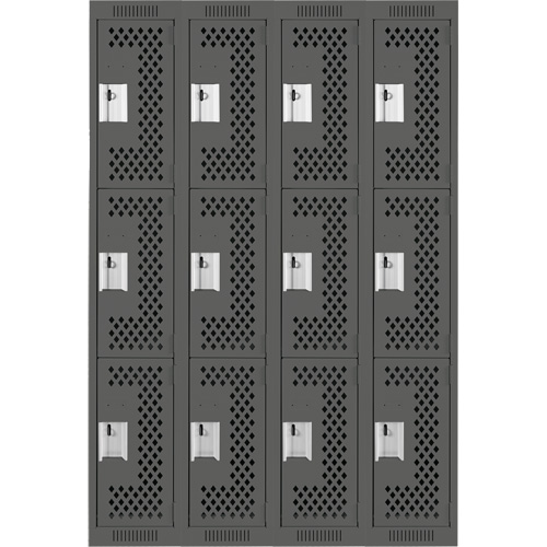 Clean Line Lockers, 3 -tier, Bank of 4, 48" x 12" x 72", Steel, Charcoal, Rivet (Assembled), Perforated Distribution Élite MP