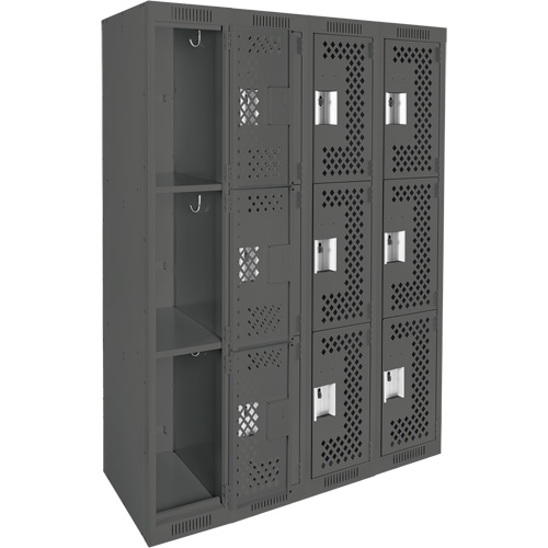 Clean Line Lockers, 3 -tier, Bank of 4, 48" x 12" x 72", Steel, Charcoal, Rivet (Assembled), Perforated Distribution Élite MP