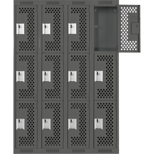 Clean Line Lockers, 3 -tier, Bank of 4, 48" x 12" x 72", Steel, Charcoal, Rivet (Assembled), Perforated Distribution Élite MP