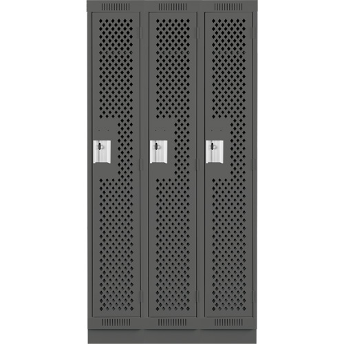 Clean Line Lockers, Bank of 3, 36" x 12" x 76", Steel, Charcoal, Rivet (Assembled), Perforated Distribution Élite MP