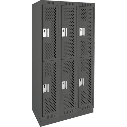 Clean Line Lockers, 2 -tier, Bank of 3, 36" x 15" x 76", Steel, Charcoal, Rivet (Assembled), Perforated Distribution Élite MP