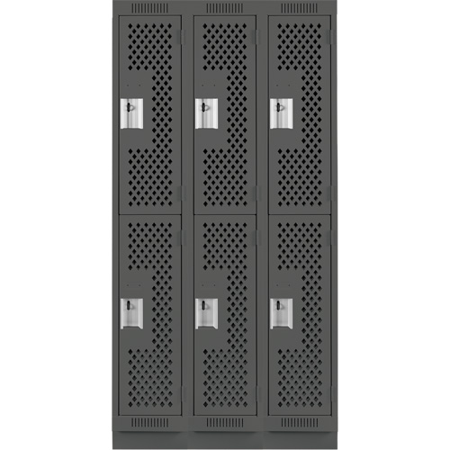 Clean Line Lockers, 2 -tier, Bank of 3, 36" x 15" x 76", Steel, Charcoal, Rivet (Assembled), Perforated Distribution Élite MP