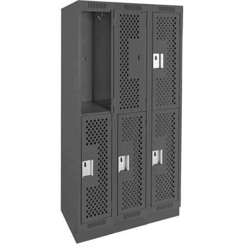 Clean Line Lockers, 2 -tier, Bank of 3, 36" x 15" x 76", Steel, Charcoal, Rivet (Assembled), Perforated Distribution Élite MP