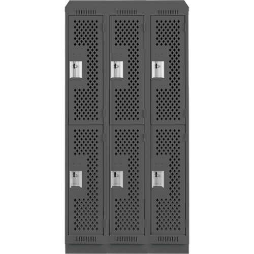 Clean Line Lockers, 2 -tier, Bank of 3, 36" x 15" x 82", Steel, Charcoal, Rivet (Assembled), Perforated Distribution Élite MP