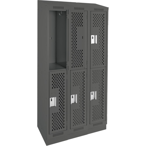 Clean Line Lockers, 2 -tier, Bank of 3, 36" x 15" x 82", Steel, Charcoal, Rivet (Assembled), Perforated Distribution Élite MP