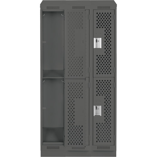 Clean Line Lockers, 2 -tier, Bank of 3, 36" x 15" x 82", Steel, Charcoal, Rivet (Assembled), Perforated Distribution Élite MP