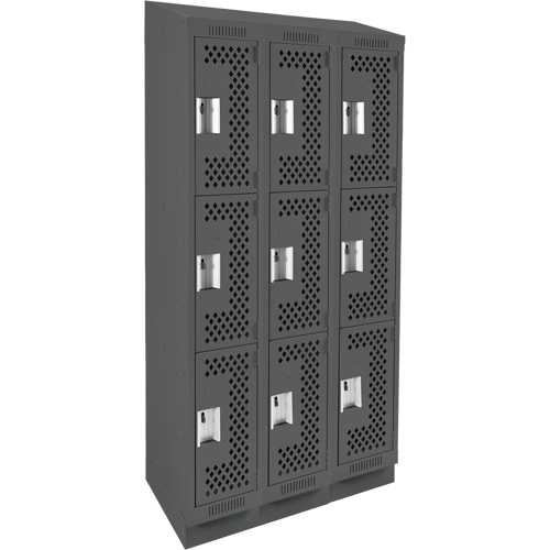 Clean Line Lockers, 3 -tier, Bank of 3, 36" x 18" x 82", Steel, Charcoal, Rivet (Assembled), Perforated Distribution Élite MP