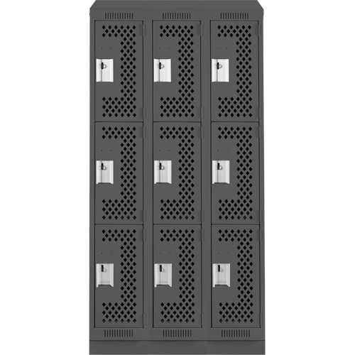 Clean Line Lockers, 3 -tier, Bank of 3, 36" x 18" x 82", Steel, Charcoal, Rivet (Assembled), Perforated Distribution Élite MP