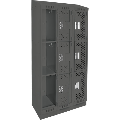 Clean Line Lockers, 3 -tier, Bank of 3, 36" x 18" x 82", Steel, Charcoal, Rivet (Assembled), Perforated Distribution Élite MP