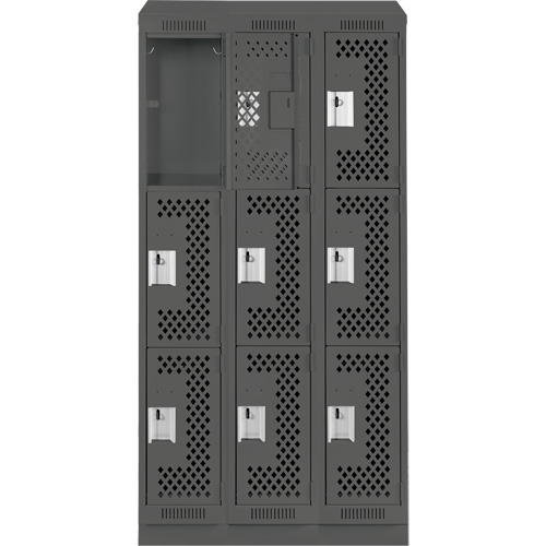Clean Line Lockers, 3 -tier, Bank of 3, 36" x 18" x 82", Steel, Charcoal, Rivet (Assembled), Perforated Distribution Élite MP