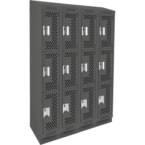 Clean Line Lockers, 3 -tier, Bank of 4, 48" x 18" x 82", Steel, Charcoal, Rivet (Assembled), Perforated Distribution Élite MP