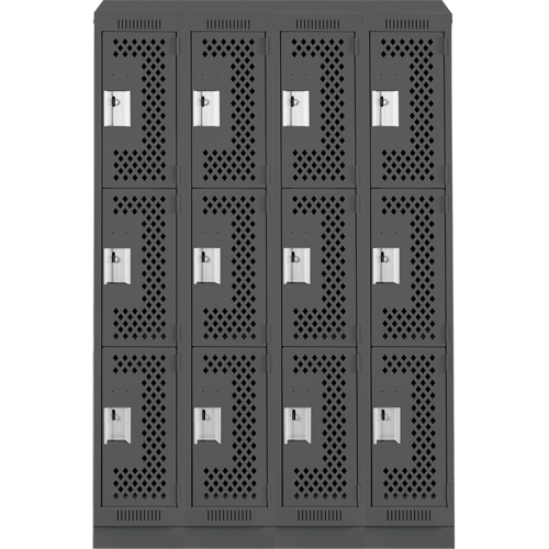 Clean Line Lockers, 3 -tier, Bank of 4, 48" x 18" x 82", Steel, Charcoal, Rivet (Assembled), Perforated Distribution Élite MP