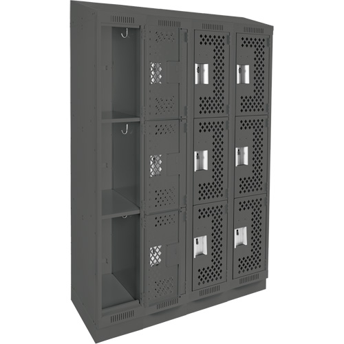 Clean Line Lockers, 3 -tier, Bank of 4, 48" x 18" x 82", Steel, Charcoal, Rivet (Assembled), Perforated Distribution Élite MP