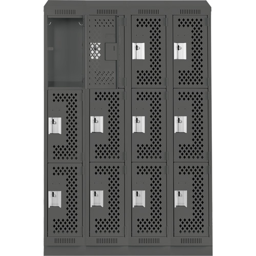 Clean Line Lockers, 3 -tier, Bank of 4, 48" x 18" x 82", Steel, Charcoal, Rivet (Assembled), Perforated Distribution Élite MP