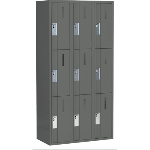 Concorde Heavy-Duty Lockers, 3 -tier, Bank of 3, 36" x 18" x 72", Steel, Charcoal, Welded (Assembled) Distribution Élite MP