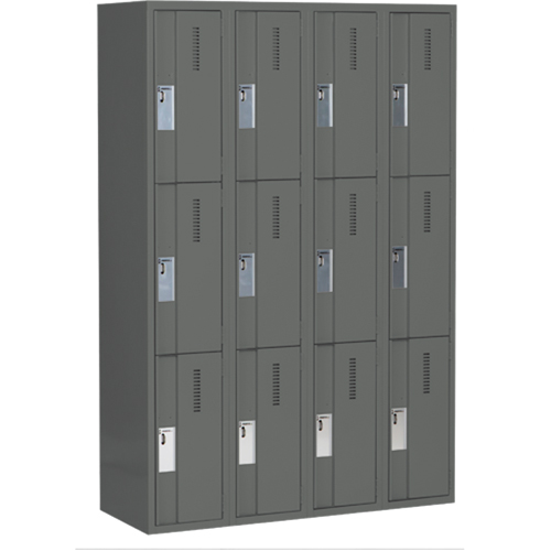 Concorde Heavy-Duty Lockers, 3 -tier, Bank of 4, 48" x 18" x 72", Steel, Charcoal, Welded (Assembled) Distribution Élite MP