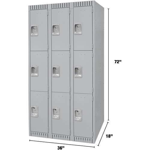 Lockers, 3 -tier, Bank of 3, 36" x 18" x 72", Steel, Grey, Knocked Down Distribution Élite MP