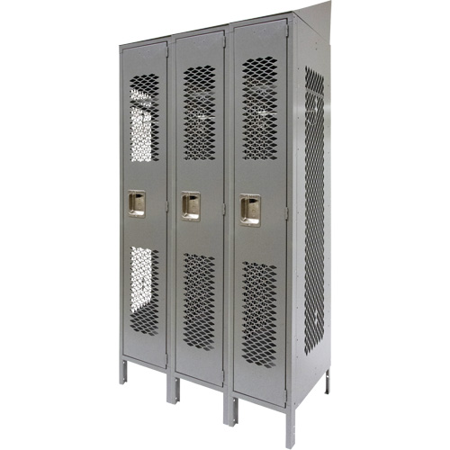 Vented Lockers, Bank of 3, 36" x 18" x 88", Steel, Grey, Knocked Down, Perforated Distribution Élite MP