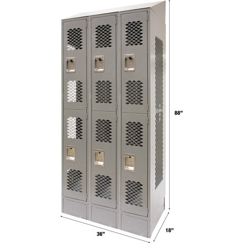 Vented Lockers, 2 -tier, Bank of 3, 36" x 18" x 88", Steel, Grey, Knocked Down, Perforated Distribution Élite MP
