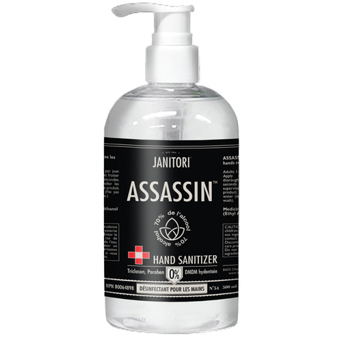 D&eacute;sinfectant pour les mains 54 Assassin, 500 ml, Bouteille &agrave; pompe, 70 % alcool Distribution Élite MP
