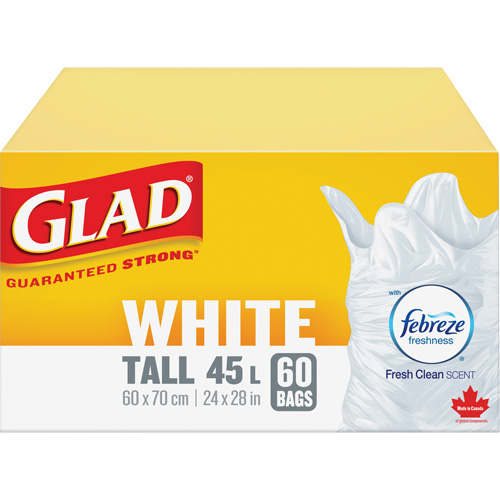 Tall 45L Febreze Garbage Bags, Regular, 24" W x 28" L, White Distribution Élite MP