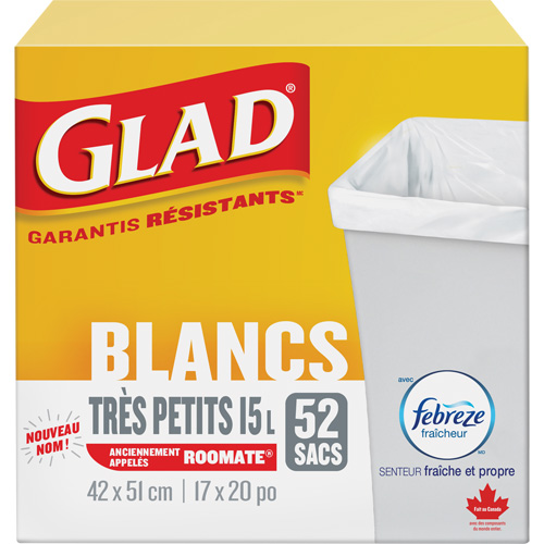 Tr&egrave;s petits sacs &agrave; ordures 15 L avec Febreze, R&eacute;gulier, 17" la x 20" lo, Blanc Distribution Élite MP
