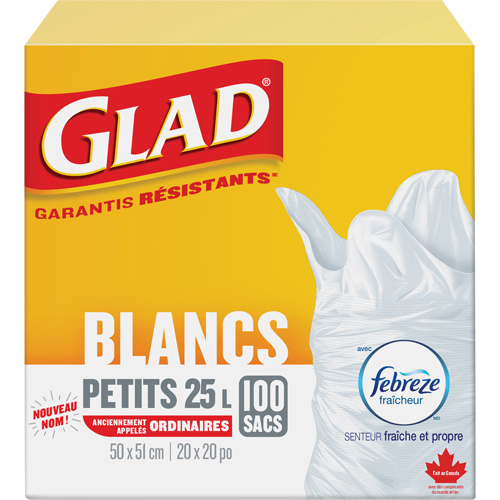 Petits sacs &agrave; ordures 25 L avec Febreze, R&eacute;gulier, 20" la x 20" lo, Blanc Distribution Élite MP