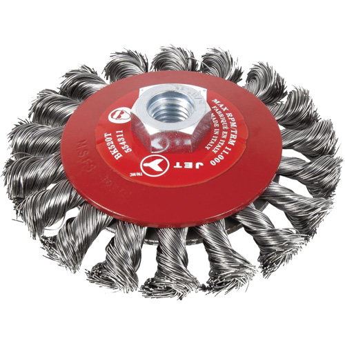 Brosse conique &agrave; fils nou&eacute;s torsad&eacute;s, Dia. 6", Fils 0,02", Arbre 5/8"-11, Acier Distribution Élite MP