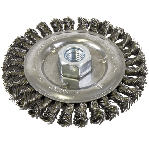 Brosse filet&eacute;e &agrave; fils nou&eacute;s et face standard, Dia. 5", Fils 0,022", Arbre 5/8"-11, Acier Distribution Élite MP