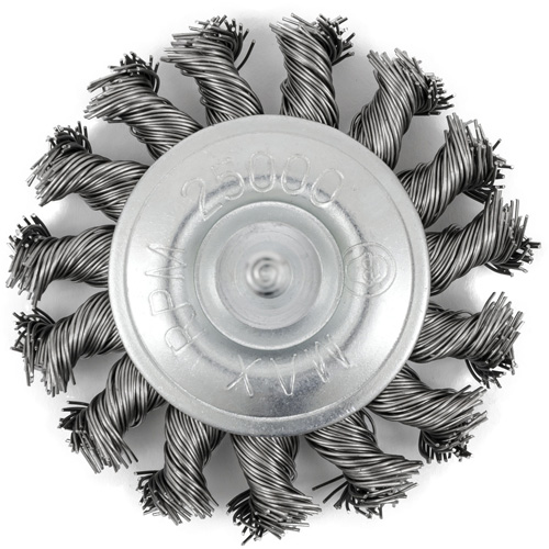 Brosse radiale &agrave; fils nou&eacute;s torsad&eacute;s mont&eacute; sur mandrin, Dia. 3", Fils 0,02", Arbre 1/4", Acier inoxydable Distribution Élite MP