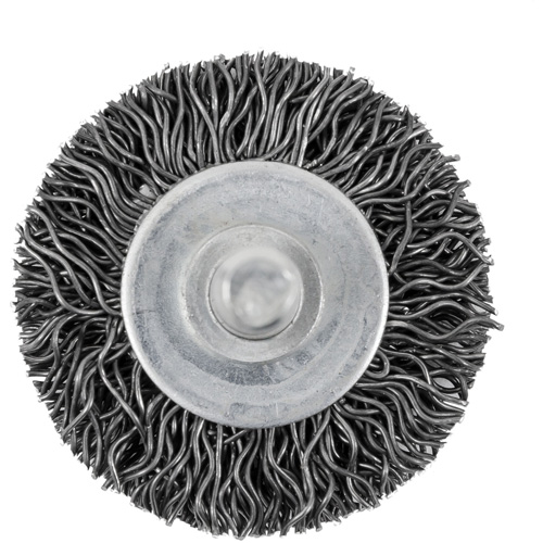 Brosse radiale &agrave; fils cr&ecirc;p&eacute;s mont&eacute; sur mandrin 126, 1-1/2", Fils 0,02", Tige 1/4" Distribution Élite MP
