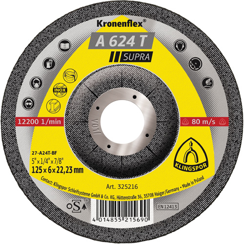 Disque de meulage A 624 T Supra Kronenflex, 5" x 1/4", Arbre 7/8" Distribution Élite MP