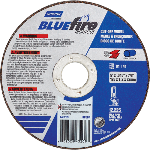 BlueFire&reg; Cut-off Wheel, 4-1/2" x 0.045"/1/16", 7/8" Arbor, Type 01/41, Aluminum Oxide/Zirconium, 13580 RPM Distribution Élite MP
