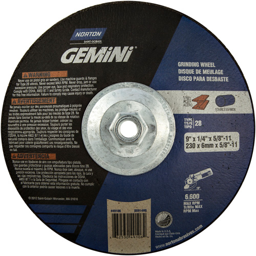 Gemini&reg; Saucer Wheel, 9" x 1/4", 5/8"-11 Arbor, Aluminum Oxide, Type 28 Distribution Élite MP