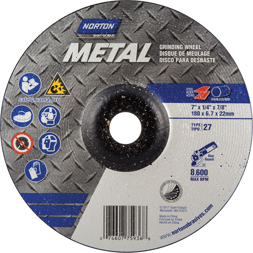 Depressed Centre Metal Grinding Wheels, 7" x 1/4", 7/8" Arbor, Aluminum Oxide, Type 27 Distribution Élite MP