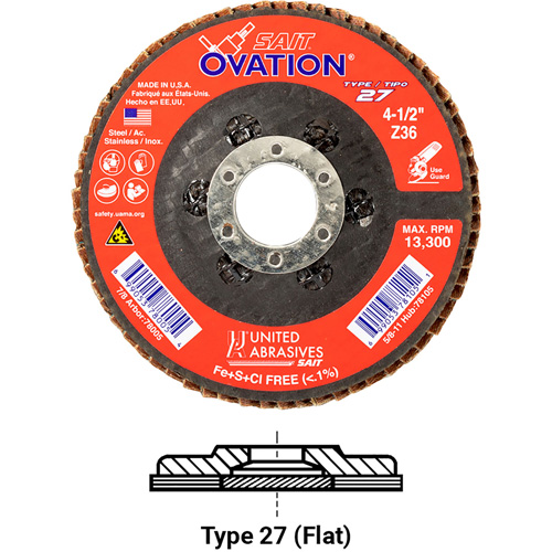 OVATION MEULE LAMELLE41/2X5/811 GRAIN36, 4-1/2" x 5/8"-11, Type 27, Grain 36, Zirconium Distribution Élite MP