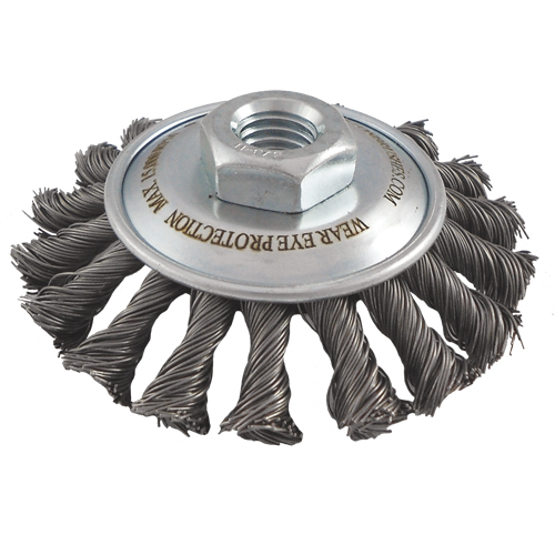 Knotted Wire Wheel Saucer Brushes, 4" Dia., 0.02" Fill, 5/8"-11 Arbor, Steel Distribution Élite MP