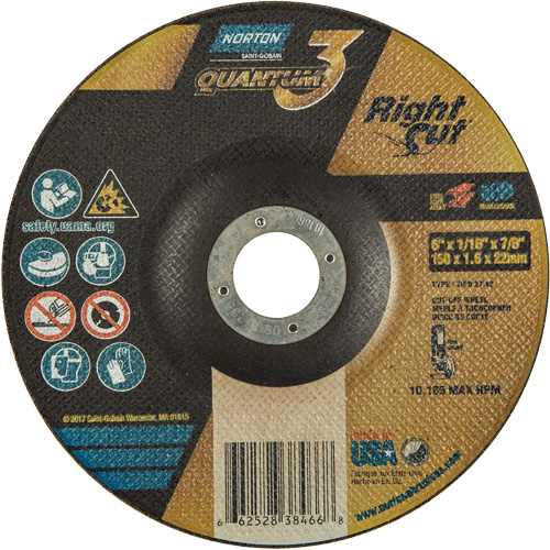 Quantum3 RightCut Cut-Off Wheel, 6" x 1/16", 7/8" Arbor, Type 27/42, Aluminum Oxide, 10185 RPM Distribution Élite MP