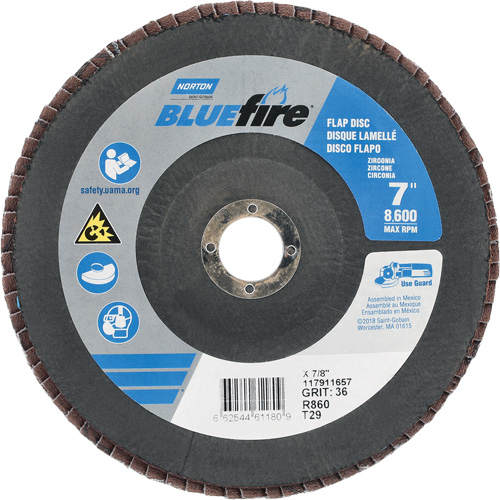 Disque &agrave; lamelle conique centr&eacute; BlueFire R884P/R884V/R860, 7" x 7/8", Type 29, Grain P36, Alumine de zirconium Distribution Élite MP