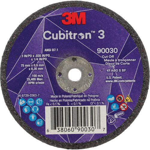 Meule &agrave; tronçonner Cubitron 3, 3" x 0,035", Arbre de 1/4", Type T1, C&eacute;ramique, 21000 Tr/min Distribution Élite MP