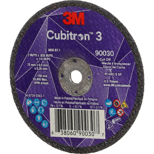 Meule &agrave; tronçonner Cubitron 3, 3" x 0,035", Arbre de 1/4", Type T1, C&eacute;ramique, 21000 Tr/min Distribution Élite MP