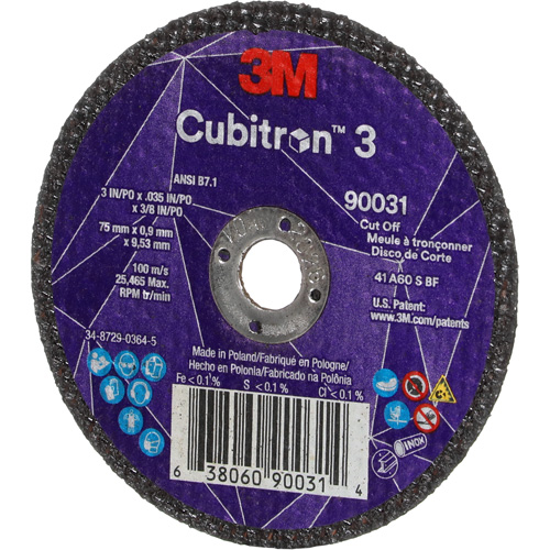 Cubitron 3 Cut-Off Wheel, 3" x 0.035", 3/8" Arbor, Type T1, Ceramic, 21000 RPM Distribution Élite MP