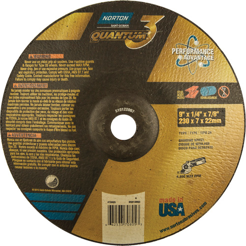 Quantum 3 SG Depressed Center Grinding Wheel, 9" x 1/4", 7/8" Arbor, Type 28, Ceramic, 6600 RPM Distribution Élite MP
