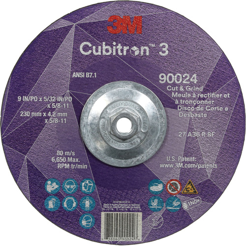 Meule &agrave; rectifier et &agrave; tronçonner Cubitron 3, 9" x 5/32", Arbre de 5/8"-11, Type 27, Grain de 36, C&eacute;ramique Distribution Élite MP