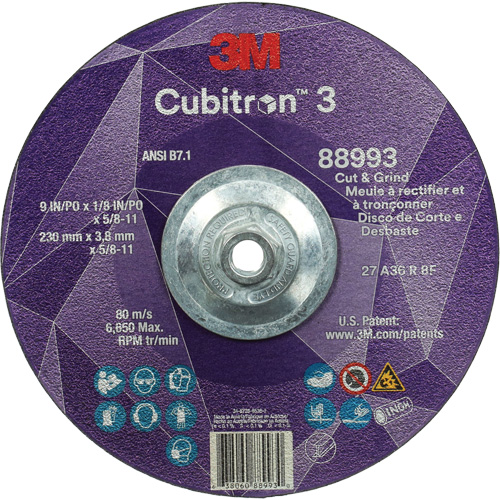 Cubitron 3 Cut and Grind Wheel, 9" x 1/8", 5/8"-11 Arbor, Type 27, 36 Grit, Ceramic Distribution Élite MP