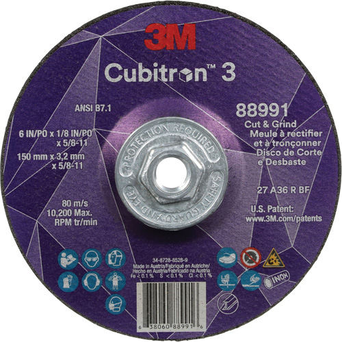 Meule &agrave; rectifier et &agrave; tronçonner Cubitron 3, 6" x 1/8", Arbre de 5/8"-11, Type 27, Grain de 36, C&eacute;ramique Distribution Élite MP