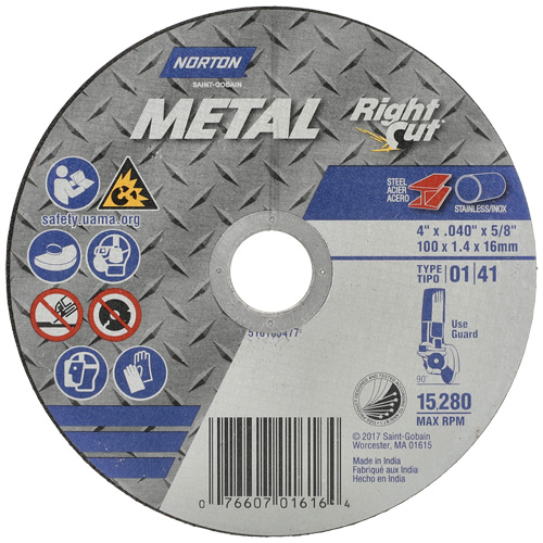 Meule &agrave; tronçonner m&eacute;tallique pour coupe &agrave; angle droit RightCut, 4-1/2" x 0,04", Arbre de 7/8", Type 01/41, Oxyde d'aluminium, 13580 Tr/min Distribution Élite MP