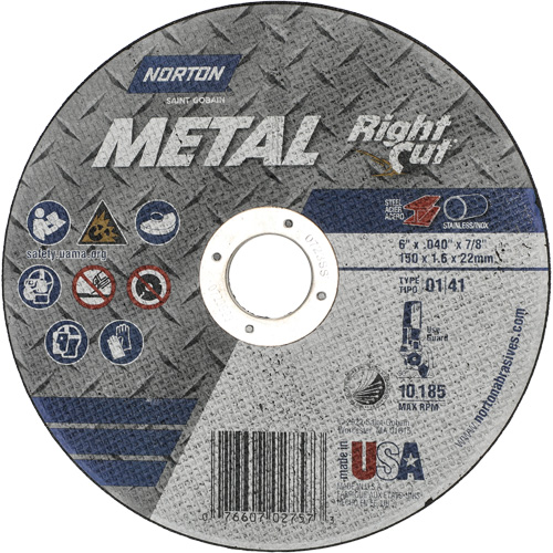 Meule &agrave; tronçonner m&eacute;tallique pour coupe &agrave; angle droit RightCut, 6" x 0,04", Arbre de 7/8", Type 01/41, Oxyde d'aluminium, 10185 Tr/min Distribution Élite MP